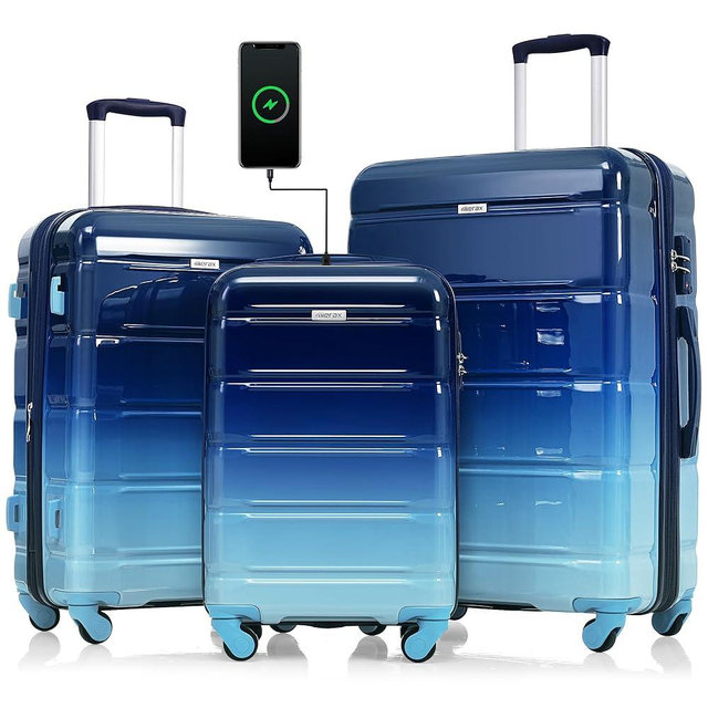 Merax 3 Piece Hardside Luggage Sets Spinner Wheel Suitcases, Navy(Horizontal Stripe), 20/24/28 Inch