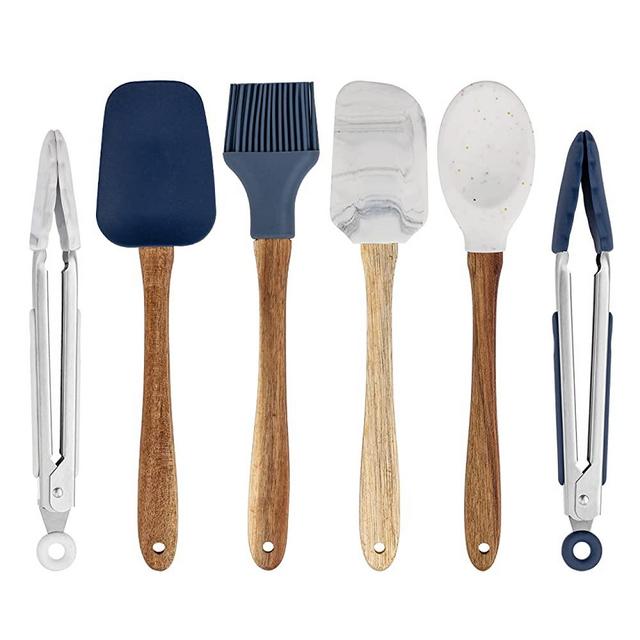 COOK WITH COLOR Kitchen Utensil Set - 7 Pc.10" Silicone Kitchen Tools with Wooden Handles, Basting Brush, Spoonula, Spatula, Spoon, Scraper and 2 MINI Tongs (Blue and White)…