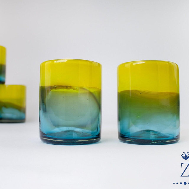 Blown Glass Tumblers, Short. Lemon and Aqua Blue glass drinkware.