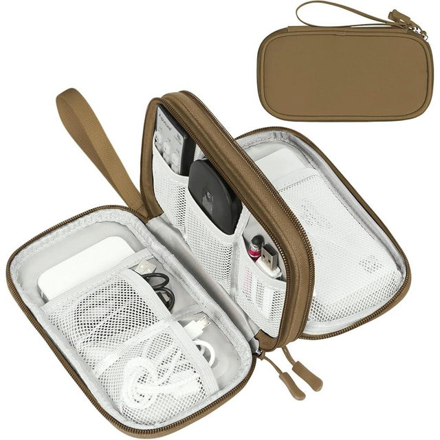 FYY Electronic Organizer, Travel Cable Organizer Bag Pouch Electronic Accessories Carry Case Portable Waterproof Double Layers Storage Bag for Cable, Charger, Phone, Earphone, Medium Size- Brown