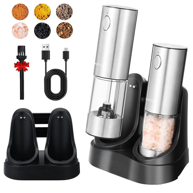 Electric Salt and Pepper Grinder Set with Charging Base, Stainless Steel Rechargeable Pepper Mills with 95ml Large Capacity, White LED Light and Adjustable Coarseness Grinder Ideal for Home, Kitchen