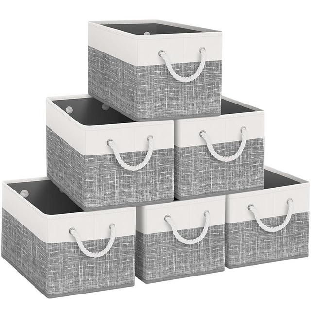 Fab totes Storage Bins [6-Pack], Foldable Storage Baskets for Organizing Toys, Books, Shelves, Closet, Large Storage Box with Rope Handles, Sturdy Organizer Bins, White & Grey