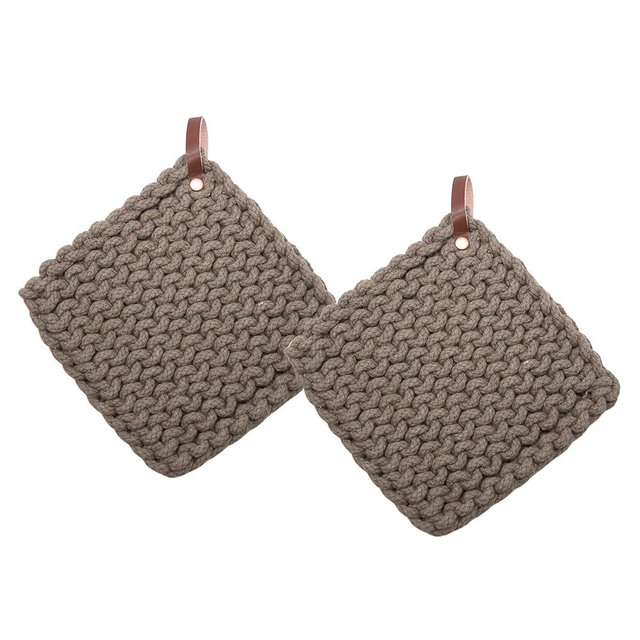 Knit Cotton Pot Holders with Leather Strap, Set of 2, 8 x 8 inches (Green)