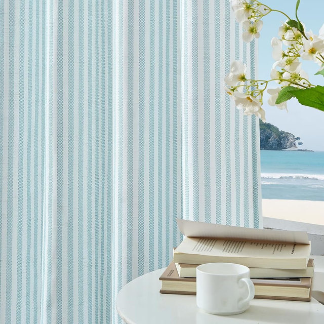 Vangao Linen Striped Curtains for Living Room Bedroom Farmhouse Tickingstripe Light Filtering Window Curtains Printed Drapes Grommet Top 2 Panels Aqua Blue on Off White W50 x L96 Inch