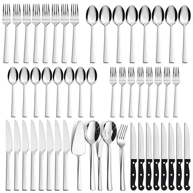 53-Piece Silverware Set, HaWare Solid Stainless Steel Modern Elegant Flatware Utensils, Includes 40-piece Cutlery Set, 5-piece Serving Set, 8-piece Steak Knives, Mirror Polished & Dishwasher Safe