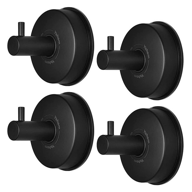 YOHOM Suction Cup Hooks Shower Towel Holder Stainless Steel Vacuum Bathroom Shower Hook Suction Towel Rack Kitchen Organizer for Bathrobe Loofah Matte Black 4Pcs