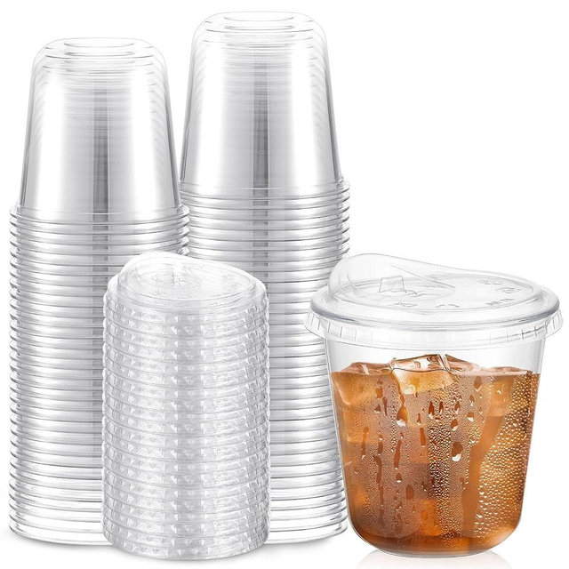 Ziliny 50 Sets Clear Plastic Cups with Strawless Sip Lids, Thickened Clear Disposable Plastic PET Crystal Cups for Iced Coffee, Smoothie, Cold Beverage, Drink Shops and Party Catering (10 oz)