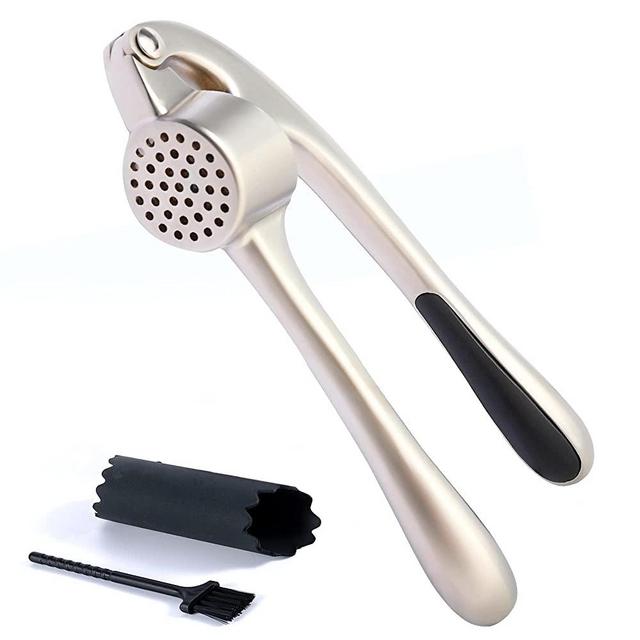 Premium Garlic Press, Garlic Mincer Set of 3 with Silicone Roller Peeler & Cleaning Brush -(Imperial Silver)