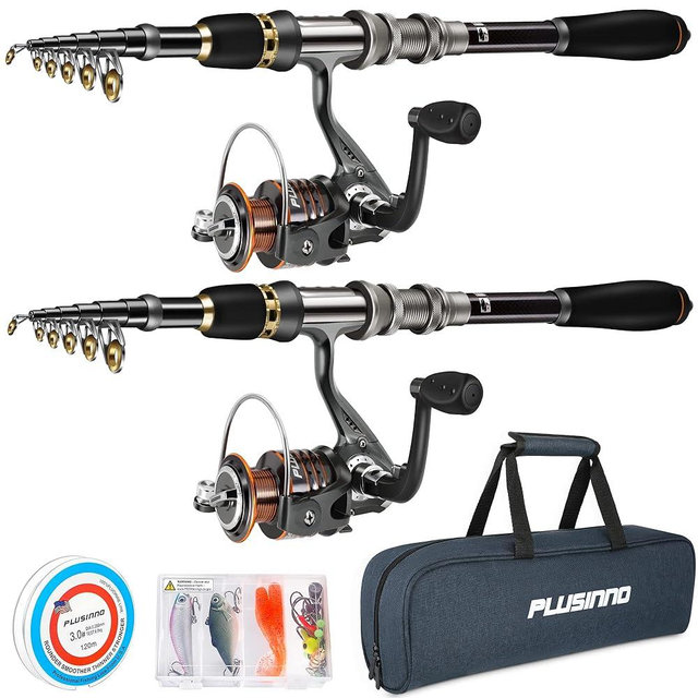 PLUSINNO Telescopic Fishing Rod and Reel Combos Full Kit, Carbon Fiber Fishing Pole, 12 +1 Shielded Bearings Stainless Steel BB Spinning Reel
