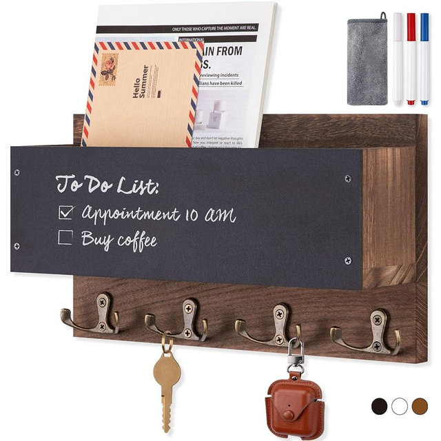 Key Holder Wall Mount, Wooden Key Mail Holder with Chalkboard, Mail Organizer Wall Mounted, Key Holder for Wall, Key and Mail Holder for Wall, Mail Holder Wall Mount (10.8"W x 6.2"H x 3.3"D) Brown