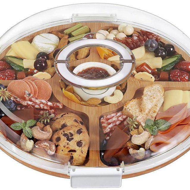 Round Charcuterie Board with Clear Lid, Travel Picnic Portable Cheese Board Charcuterie Boxes, Meat Fruit Serving Tray Platter, House Warming Gifts New Home, Gifts for Women