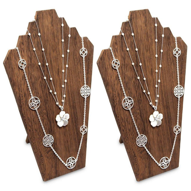 Ikee Design 2 Pcs Lightweight Wooden Necklace Display Bust Easel Jewelry Display for Shows, Necklace Stand, Brown Color, 8.3 W x 4.3 D x 13 H in