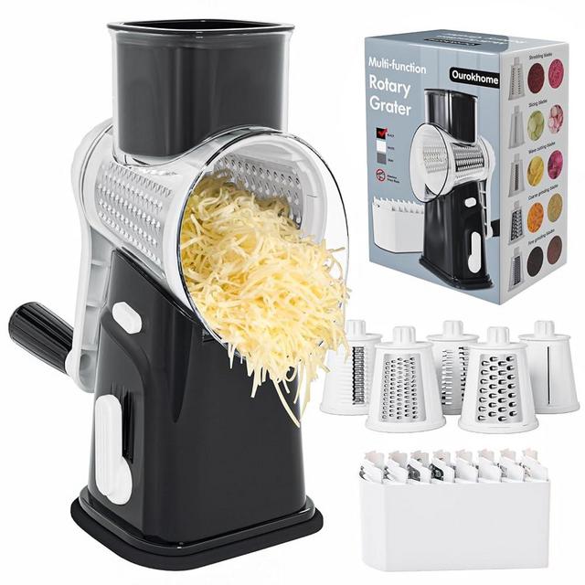 Ourokhome Rotary Cheese Grater Cheese Shredder, Mandoline Vegetable Slicer with 5 Interchangeable Blades and Strong Suction Base for Fruit, Vegetables, Nuts Black