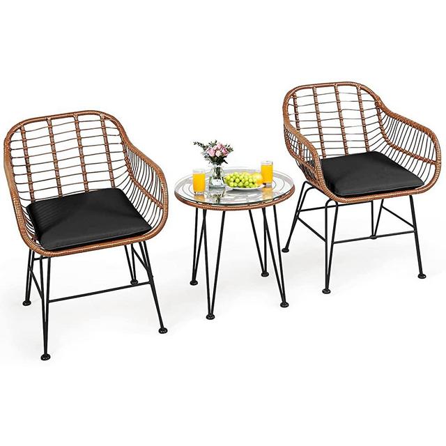 Tangkula 3 Pieces Patio Conversation Bistro Set, Outdoor Wicker Furniture w/Round Tempered Glass Top Table & 2 Rattan Armchairs, Bistro Chat Set w/Seat Cushions for Porch, Backyard (Black)