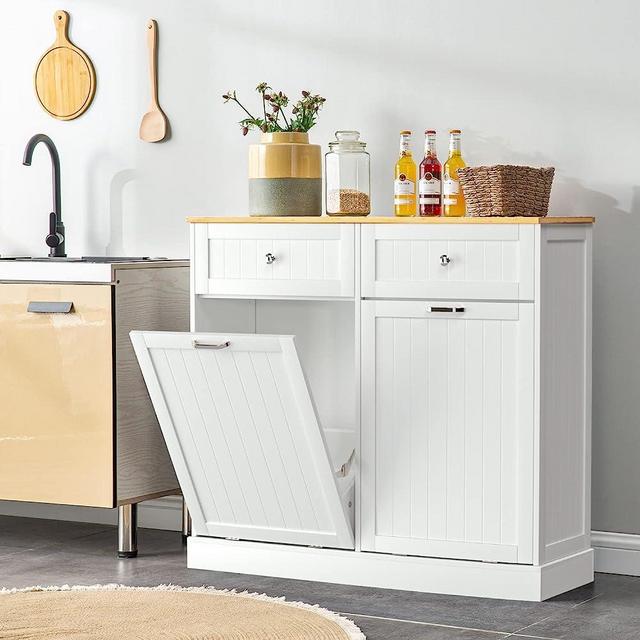 GAZHOME Kitchen Trash Cabinet Double Tilt Out Freestanding Trash Cabinet with Drawer,Kitchen Wooden Recycling Cabinet,Trash Can Holder with Storage (White)