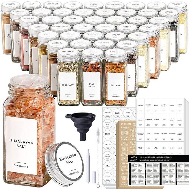 Laramaid 4oz 36Pack Glass Jars with 640 Minimalist White Vinyl Spice Labels, Shaker Lids Dispenser with Airtight Silver Metal Caps, Cleaning Brush & Collapsible Silicone Funnel Complete Spice Jar Set