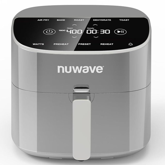 Nuwave Brio Plus 8 Qt Air Fryer, PFAS Free, New & Improved, Digital Touch Screen, Cool White Display, 50°F~400°F in Precise 5°, 5 Cook Functions, 100 Presets & 50 Memory, 3 Wattages 700, 1500, 1800