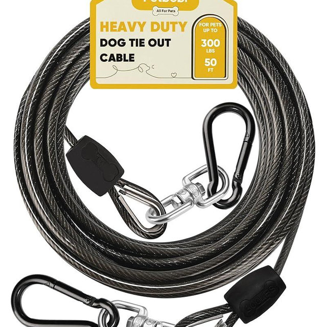 Petbobi Heavy-Duty Dog Tie-Out Cable - 50FT Extra Strong Wire Cable for Large Pets Up to 300Lbs, Rust Proof Dogs Leash with Carabiners and 360° Swivel, Pet Leads for Yard Camping Outside, Black