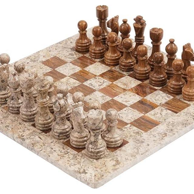 Radicaln Marble Chess Set 15 Inches Fossil Coral and Dark Brown Handmade Board Game Chess Sets for Adults - Travel Chess Game Set for 2 Player - 1 Chess Board & 32 Chess Pieces