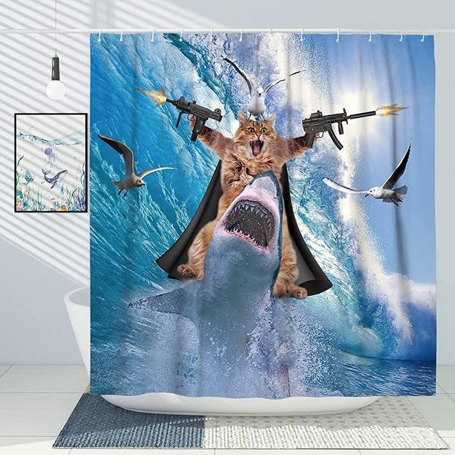 DESIHOM Funny Shower Curtain Cat Riding Shark Shower Curtain Cartoon Animal Shower Curtain Kids Shower Curtain Polyester Fabric-72" x 72"