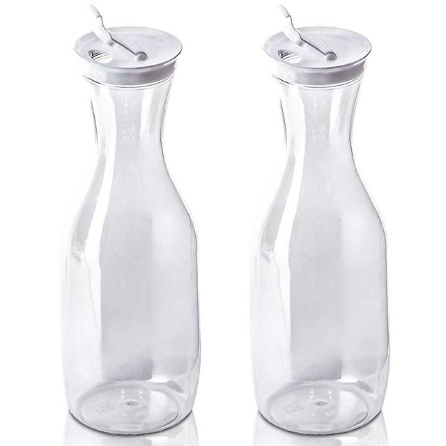 DecorRack 2 Large Water Carafes, Bottles with Flip Top Lid, 50 Oz Each, BPA Free- Plastic Juice Pitcher, Decanter, Jug, Serve Fridge Cold Iced Tea, for Outdoors, Picnic, Parties, Clear (2 Pack)
