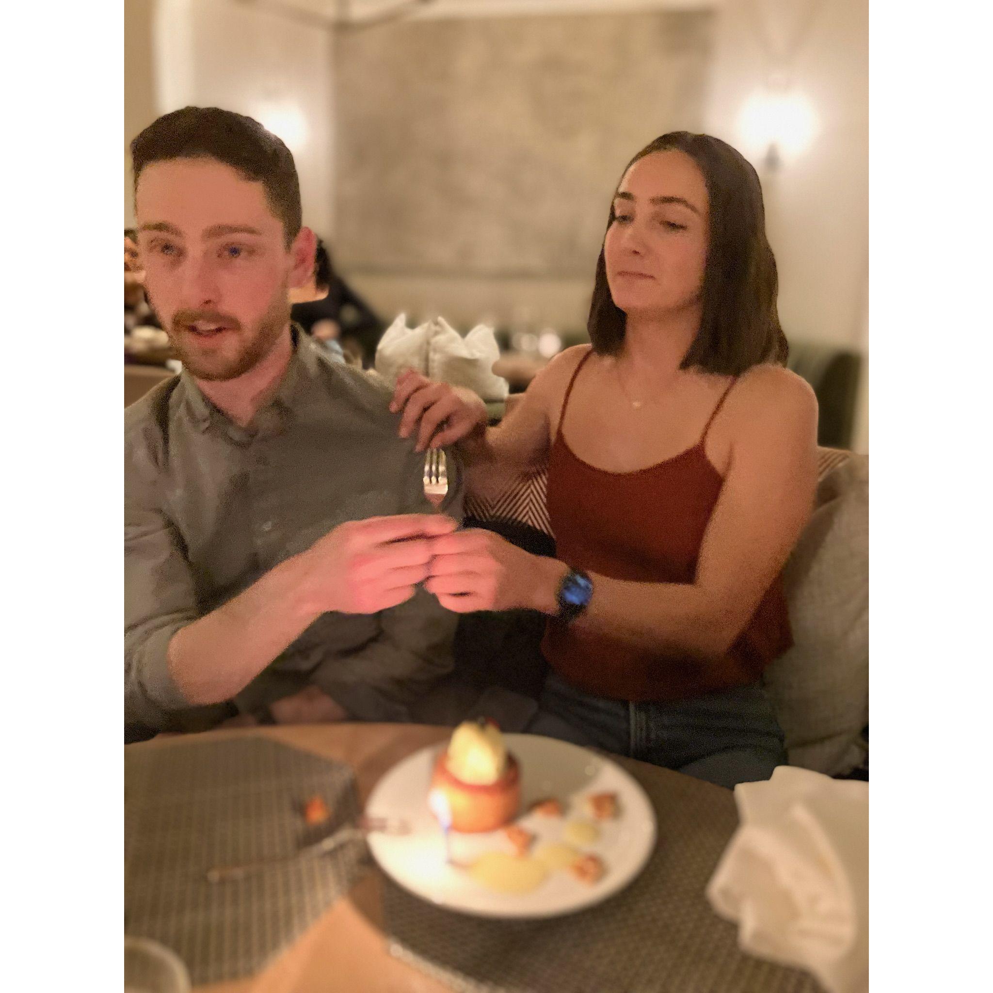 The night of the couple's engagement. Jake handed off his fork to Claire for a lifetime of stealing desserts.