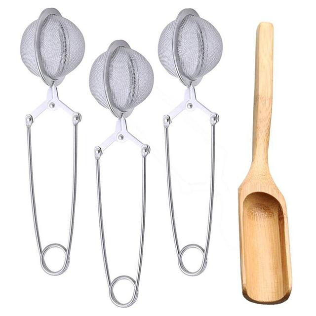 SUMAJU 3 pcs Tea Filter, Loose Leaf Tea Strainer Stainless Steel Tea Infuser with Handle Snap Ball Tea Mesh Infuser Tea Filter Tong with 1 pcs Tea Spoon