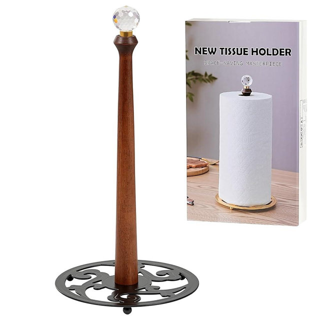 Wooden Countertop Paper Towel Holder,Iron Base with Die-Cast Pattern, Solid Wood Rod & Crystal Finial Top,Slow Reveal Artistry, Stable&Durable, Easy Install - Elevates Kitchen Décor(Black)