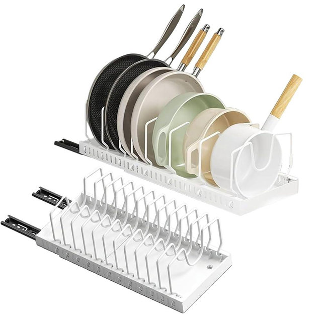 Mnftive pots and pans organizer under cabinet,pot lid organizers inside cabinet holders for kitchen,Horizontal and vertical pulling modes,cast iron storage ((2pcs) White vertical)