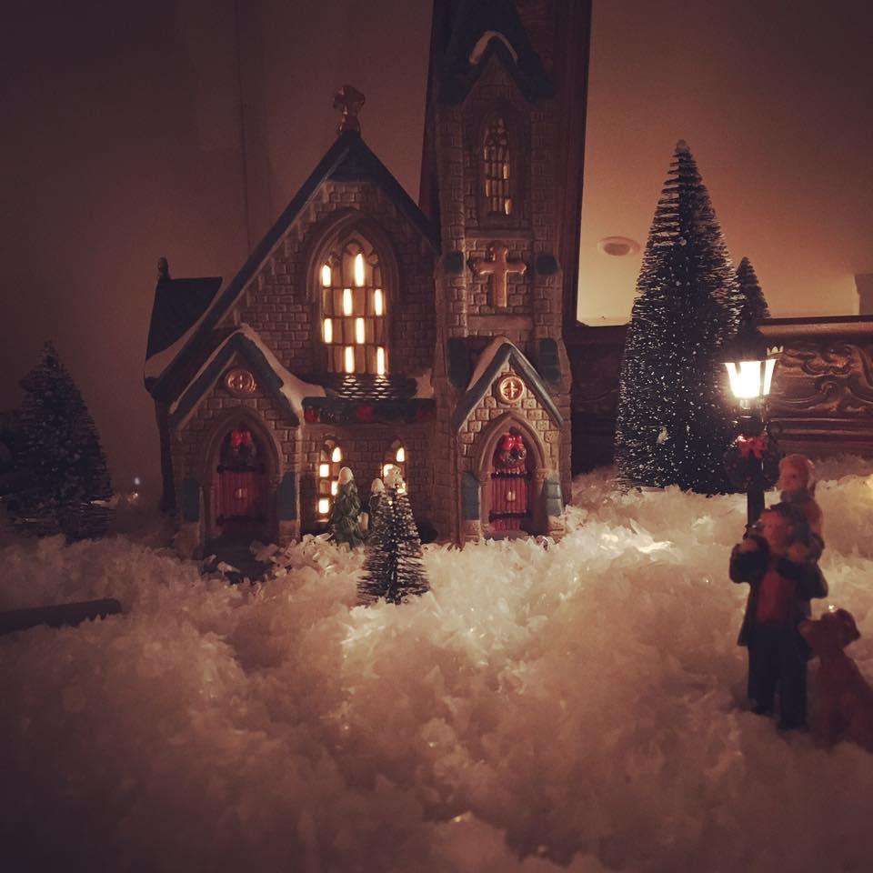Chapel for our Christmas village. We added a jewelry store after we got engaged and this is our church since we're getting married!