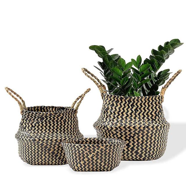 Wencassy Seagrass Plant Basket Set of 3, Hand Woven Basket for Plant with Handles, Storage Laundry Picnic Plant Pot Cover, Home Decor and Woven Straw Beach Bag (S+M+L, Black)