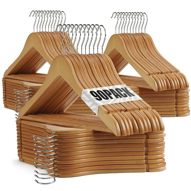 Uinicor Wooden Hangers 90 Pack,Wooden Clothes Hanger for Daily Used,Heavy Duty Wood Hangers with Pant Bar & Precisely Cut Notches,Premium Hanger for Heavy Coats,Shirts,Suits,Dresses (Natural)