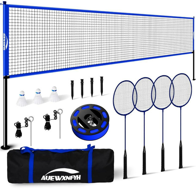Portable Badminton Set Regulation Net- Easy Setup Steel Poles, 4 Rackets & 3 Shuttlecocks Ideal for Backyard Fun with Friends and Family from Kids to Adults - Includes Carry Bag & Boundary