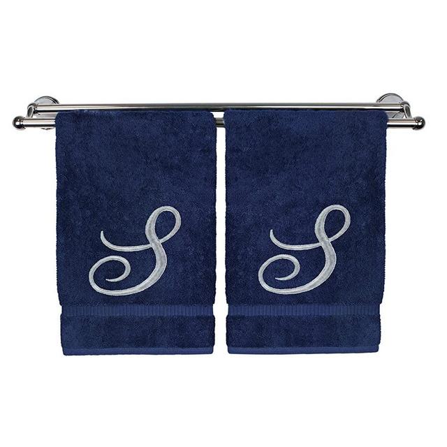 Monogrammed Hand Towel, Personalized Gift, 16 x 30 Inches - Set of 2 - Silver Embroidered Towel - Extra Absorbent 100% Turkish Cotton- Soft Terry Finish - for Bathroom, Kitchen and Spa- Script S Navy