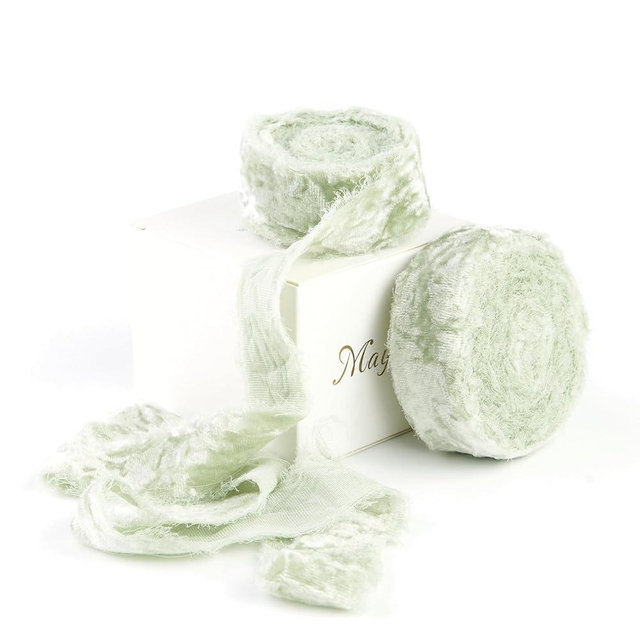 MAYREEL 1 Inch Sage Green Crushed Velvet Ribbon Frayed Edge Hand Torn Fringe for Bridal Bouquets Invitations Vow Books Gift Baskets Hair Bows 6 Yards