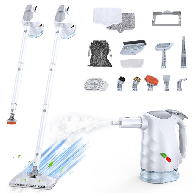 Handheld Steam Cleaner, 10-in-1 Steam Mop with Detachable Steamer, 320ml Water Tank, 10s Fast Heating, Portable Steamer for Cleaning Kitchen, Floor, Tiles, Window, BBQ Grill, Car, Light White