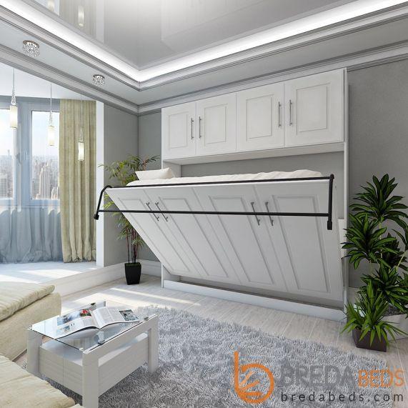 White Horizontal Metropolitan Murphy Bed with Top Hutch