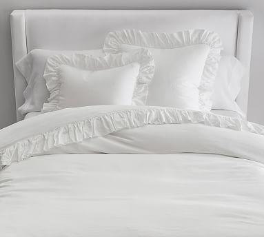 White Belgian Flax Linen Fringe Ruffle Duvet, Full/Queen