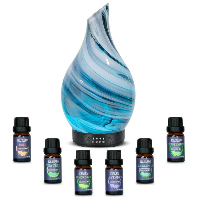Oil Diffuser & Essential Oils Set - Aromatherapy Diffuser with 6 Essential Oils Set, Ultrasonic Cool Mist Oil Diffusers for Essential Oils, 4 Timer & 7 LED Light, with Auto Shut-Off Protection Gifts