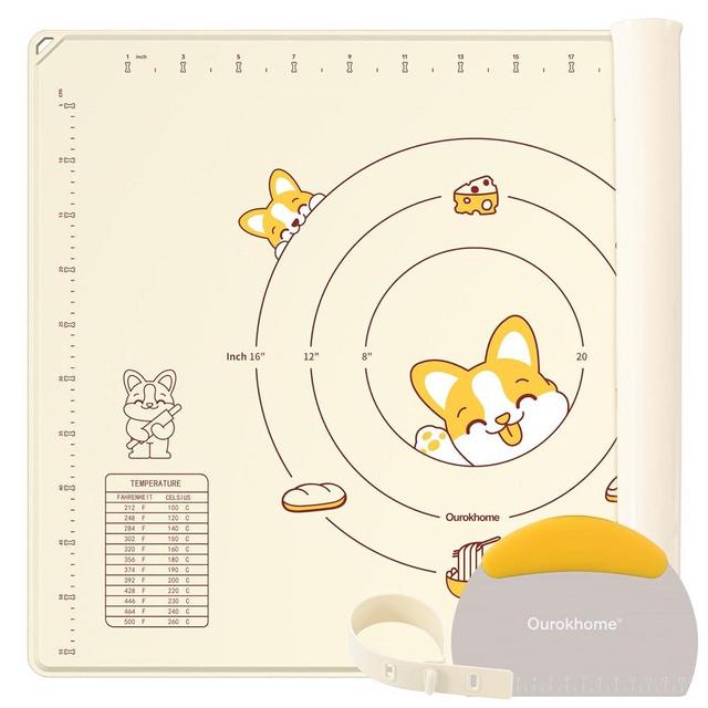 Ouorkhome Silicone Pastry Baking Mat and Dough Cutter, 32" X 24" Extra Large and Thick Kneading Mat with Band, BPA Free Kitchen Rolling Pasta Board with Measurement and Conversion Chart (Beige)
