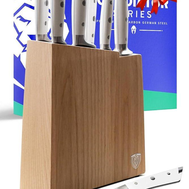 DALSTRONG Knife Set Block - 8 Piece - Gladiator Series - German High Carbon Steel Kitchen Set - Premium Food-Grade White ABS Polymer Handles - Premium Kitchen Knife Set with Block - NSF Certified