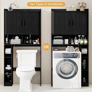 Over The Toilet Storage Cabinet,Farmhouse Toilet Cabinet Rack with 2 Tambour Sliding Doors and Toilet Paper Holder Stand，Toilet Shelf Space Saver with Towel Rack for Bathroom, Restroom,Black Laundry