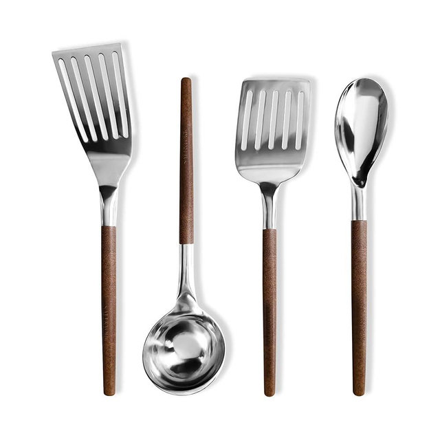 Salt & York 4-Piece Stainless Steel Cooking Utensil Set – Handcrafted Walnut Wood Handles, Mirror-Polished 18/8 Steel – Durable, Heat-Resistant Kitchen Tools & Premium Gift for Home Cooks