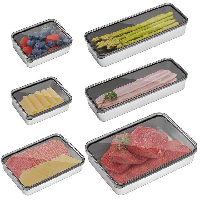 Hushee 6 Pack Bacon Cheese Container for Refrigerator, Stainless Steel Airtight Cheese Container, Dishwasher Safe Deli Meat Bacon Storage Containers Fruit Tray with Lids for Fridge (4 Size)