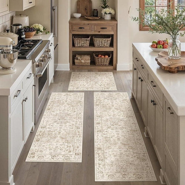 WondRg Neutral Kitchen Rug Set of 3 Washable Beige Vintage Kitchen Mats for Floor Non-Slip Kitchen Runner Rug Soft Low Pile for Bathroom Laundry Hallway Sink Entryway