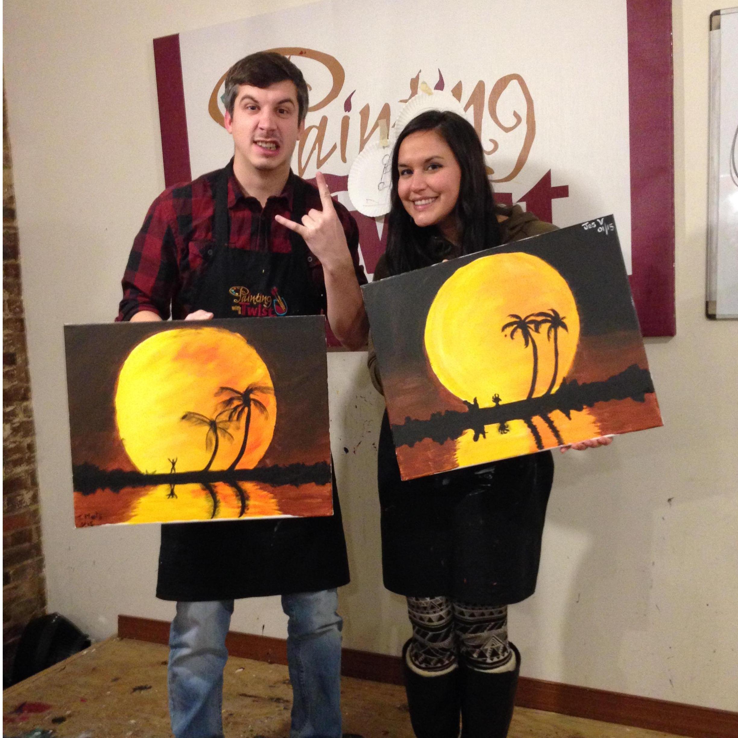 Painting with a Twist, January 2015. The painting to inspire us had a man proposing to his woman, and each seat had a gift certificate to a play titled "The Divorcees' Club"!