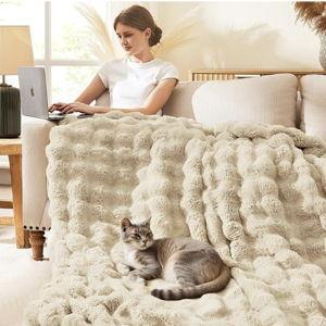 L'AGRATY Faux Rabbit Fur Blanket: 90" x 90" Queen Luxury Soft Fluffy Thick Fur Throw Blanket for Couch Bed Sofa - Cozy Plush Bubble Blankets for Winter: Flannel Fleece Decorative Blanket(Almond White)