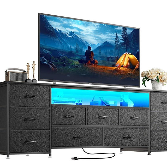 Huuger 63 Inch TV Stand for 65, 70 Inch TV, 11 Drawer Long Dresser with Power Outlets and LED Lights, Entertainment Center with Storage, Black Dresser with PU Leather Surface