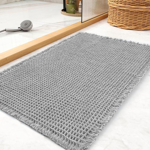 tchdio Waffle Bath Mat Rug, Super Absorbent Non Slip Bath Mats for Bathroom Mat Ultra Soft Bathmat Machine Washable Bathroom Rugs with Tassels, Bath Rugs for Bathroom Floor Beside Tub, 18" x 30"