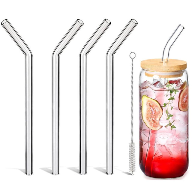 LIFEHIM Clear Glass Straws Reusable, Bent Glass Straws Shatter Resistant, 9 inch 8mm Glass Drinking Straws Reusable, Thick Glass Straws for 16 oz Glass Cups